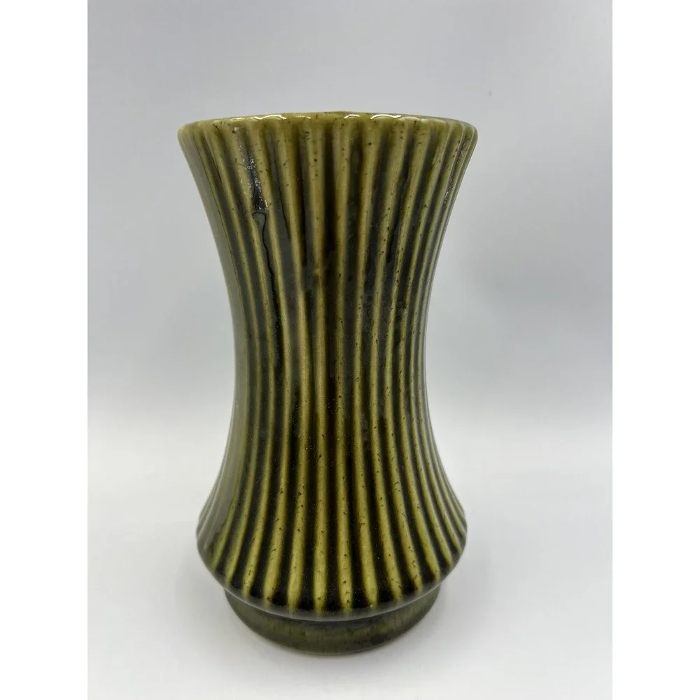 Vintage UPCO Ribbed Green Vase Mid Century Modern Farmhouse Decor Pottery